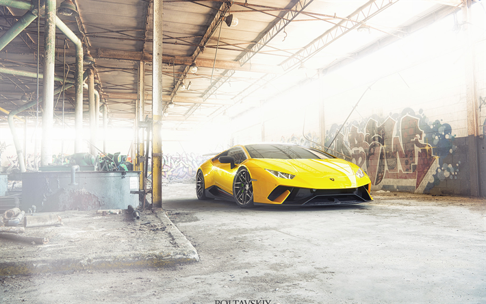 Lamborghini Huracan, superautot, tuning, 2018 autoja, hyl&#228;tty talo, hypercars, keltainen Huracan, Lamborghini