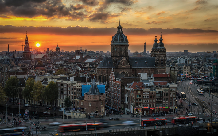 Amsterdam, gamla stan, sunset, kv&#228;ll, stadsbilden, landm&#228;rke, Nederl&#228;nderna