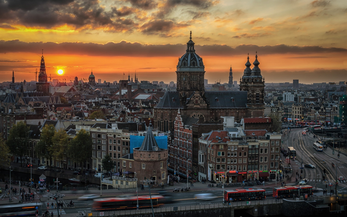 amsterdam, altstadt, sonnenuntergang, abend, stadt, wahrzeichen, niederlande