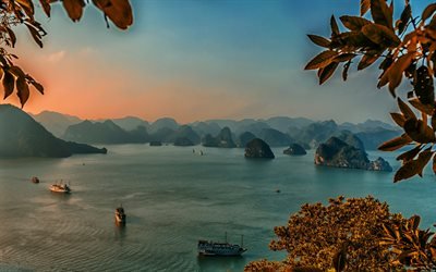 Halong, Vietnam, bay, sunset, tropical islands, ocean, boats, ships, beautiful landscape