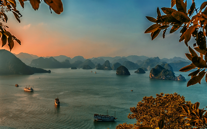 Halong, Vietname, bay, p&#244;r do sol, ilhas tropicais, oceano, barcos, enviado, bela paisagem