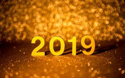 2019 year, golden background, glittering, blur, 2019 concepts, New Year, bright background, bokeh, art