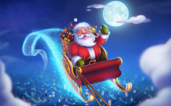 Santa Claus, trineo, Navidad, A&#241;o Nuevo, las nubes, los regalos, la noche