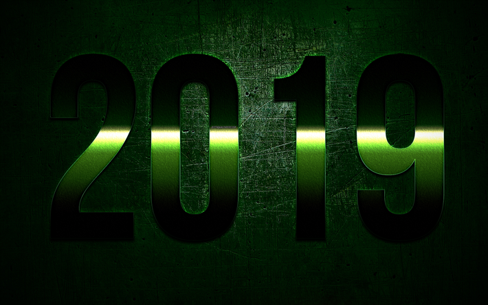 2019 year, green metal numbers, art, green stylish background, 2019 concepts, Happy New Year, creative art