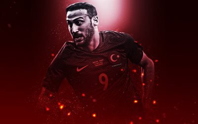 Cenk Tosun, 4k, creative art, Turkey national football team, Turkish footballer, lighting effects, red background, portrait, Turkey, football players