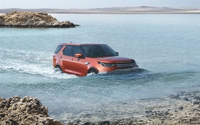 Land Rover Discovery, 2018, riding on the river, orange SUV, new orange Discovery, British cars, Land Rover