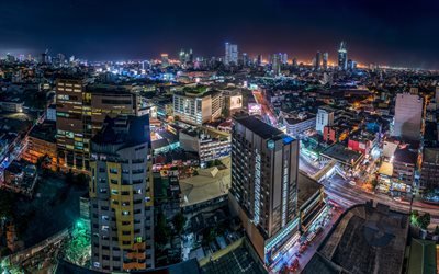 Manila, Filipinler, gece, şehir, liman kenti, Luzon Adası, g&#246;kdelenler