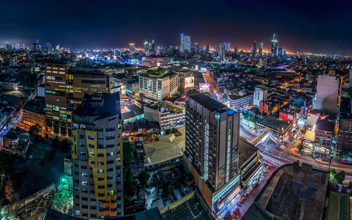 Manila, Filippinerna, natt, stadsbilden, port city, Luzon Island, skyskrapor