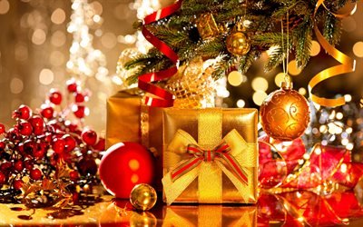 Christmas gifts, evening, lights, New Year, Christmas, golden gift box, golden silk bow
