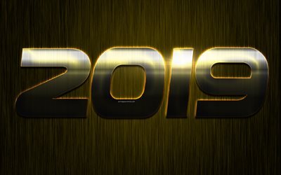 steel numbers, 2019 year, New Year, neon lights, 2019 concepts, gold metal texture