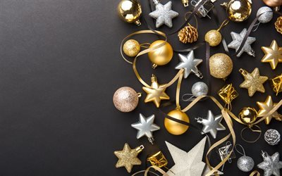 Golden Christmas decorations, gray background, New Year, Christmas, creative, silver balls, gold and silver
