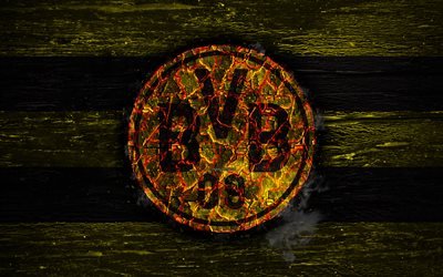 Borussia Dortmund FC, fire logo, Bundesliga, BVB, german football club, grunge, football, soccer, logo, Borussia Dortmund, wooden texture, Germany