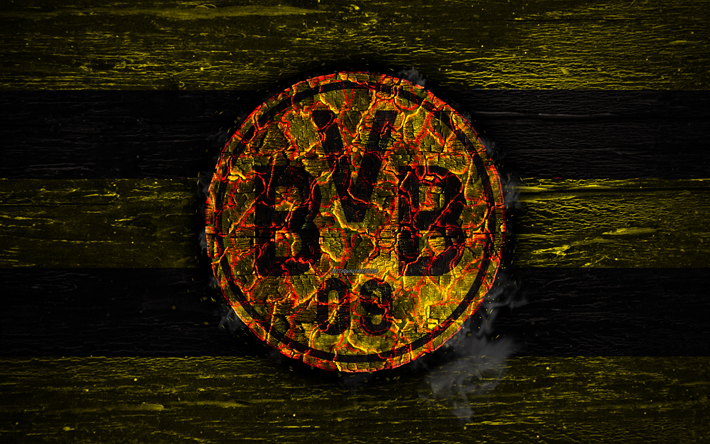 El Borussia Dortmund, FC, fuego logo de la Bundesliga, el BVB, club de f&#250;tbol alem&#225;n, el grunge, el f&#250;tbol, el logotipo, el Borussia de Dortmund, textura de madera, Alemania