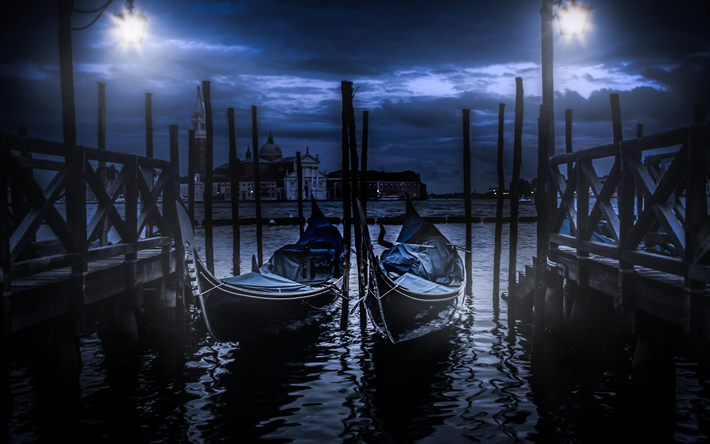 Veneza, gondolas, lanternas, canal, It&#225;lia, noite, Europa, noturnos em Veneza