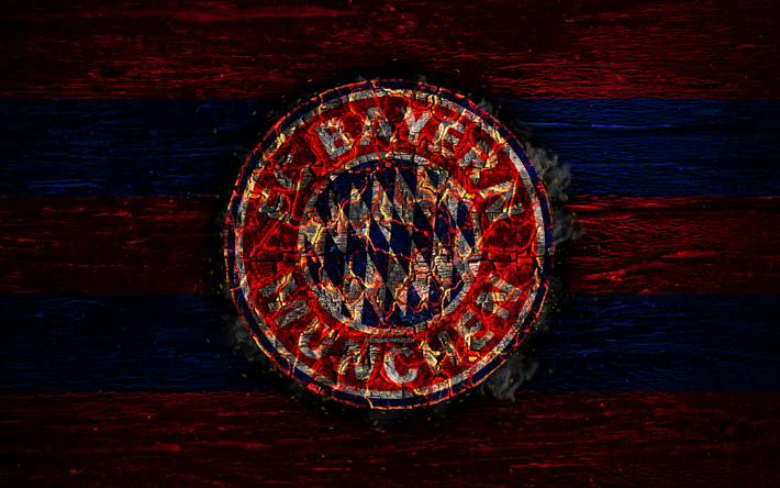 FC Bayern M&#252;nih, yangın logo, Bundesliga, Alman Futbol Kul&#252;b&#252;, grunge, futbol, logo, Bayern M&#252;nih, ahşap doku, Almanya