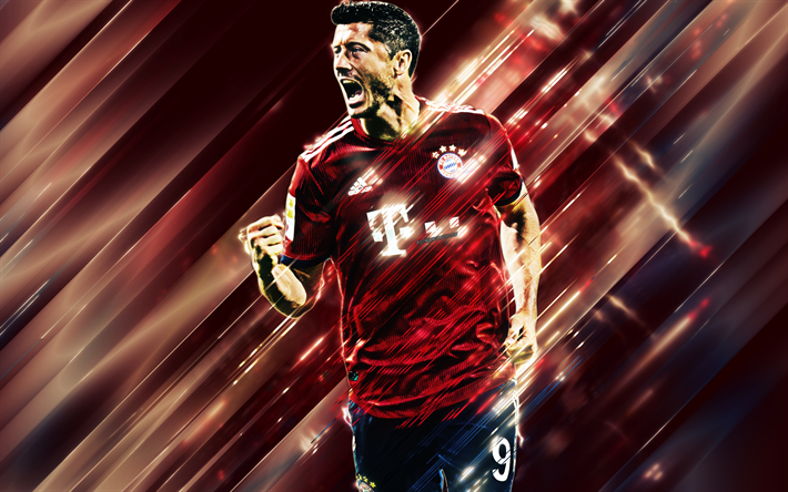 Robert Lewandowski, 4k, creative art, blades style, Polish footballer, striker, Bayern Munich, Bundesliga, Germany, red creative background, football, Lewandowski