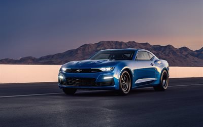 Chevrolet Camaro eCOPO Concept, 2018, front view, sport electric car, new blue Camaro, american sports cars, Chevrolet