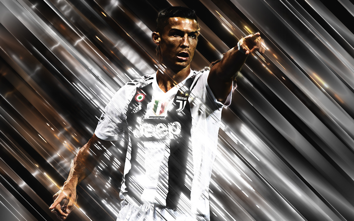 Cristiano Ronaldo, 4k, art cr&#233;atif, lames de style, la Juventus FC, footballeur portugais, l&#39;attaquant, le portrait, le monde la star du football, de la Juve, le meilleur joueur de football, CR7, Serie A, Italie, gris, cr&#233;ative, football