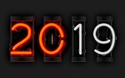 4k, 2019 year, neon digits, embroidery, metal background, 2019 concepts, Happy New Year 2019