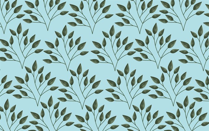 blue texture with green leaves, floral retro texture, green leaves texture, retro floral background
