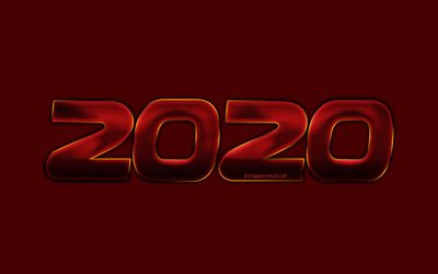 Bonne et heureuse Ann&#233;e 2020, fond rouge, 2020 m&#233;talliques sur fond rouge, en lettres de couleur rouge, 2020 concepts, Rouge 2020 arri&#232;re-plan