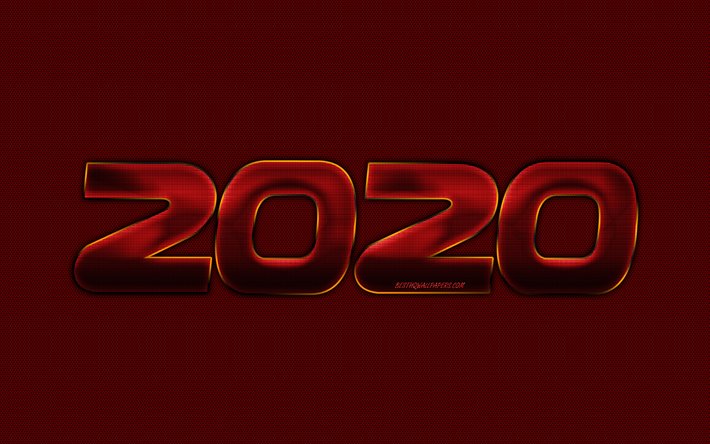 Feliz Nuevo A&#241;o 2020, fondo rojo, 2020 rojo met&#225;lico de fondo, letras rojas, 2020 conceptos, Rojo 2020 fondo