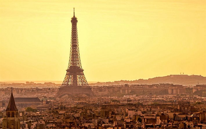 Torre Eiffel, Paris, noite, p&#244;r do sol, Paris paisagem urbana, marco, Fran&#231;a