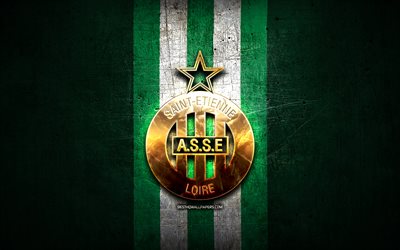 Saint-Etienne FC, golden logo, Ligue 1, green metal background, football, AS Saint-Etienne, french football club, Saint-Etienne logo, soccer, France