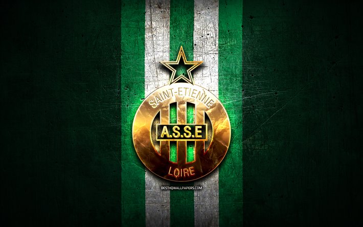 Saint-Etienne FC, logo dorato, Ligue 1, verde, metallo, sfondo, calcio, AS Saint-Etienne, club di calcio francese, Saint-Etienne, logo, Francia