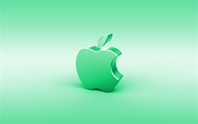 Apple turkuaz 3D logo, minimal, turkuaz arka plan, Apple logosu, yaratıcı, Apple metal logo, Apple 3D logo, resimler, Apple