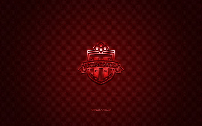 toronto fc (mls), canadian-soccer-club der major league soccer, rotes logo, rote kohlenstoff-faser-hintergrund, fu&#223;ball, toronto, ontario, usa, toronto fc, stadt, logo