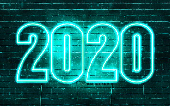 Happy New Year 2020, turquoise brickwall, 4k, 2020 concepts, 2020 turquoise neon digits, 2020 on turquoise background, abstract art, 2020 neon art, creative, 2020 year digits