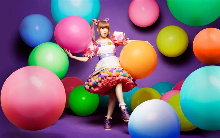 4k, Kyary Pamyu Pamyu, colorful balls, japanese singer, beauty, asian woman, J-Pop, Kiriko Takemura, japanese celebrity, Kyary Pamyu Pamyu photoshoot