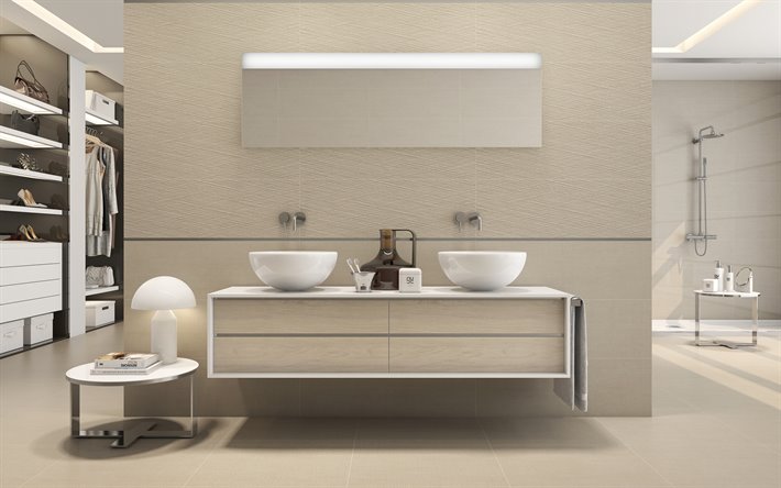 stylish bathroom interior, modern interior design, round washbasin, bathroom design, hanging cabinet for bathroom, beige bathroom interior