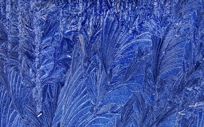 les modes de gel, 4k, bleu givre backgrund, le gel des textures, des cristaux de glace, bleu backgrunds, le gel des motifs sur le verre