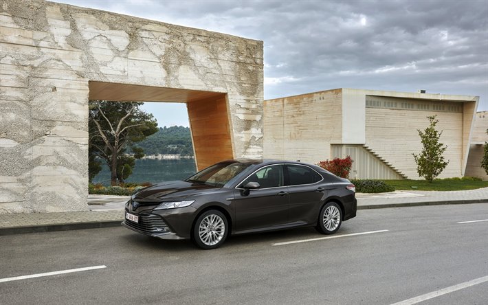 Toyota Camry, 2019, exterior, front view, gray sedan, new gray Camry, Camry Hybrid, Japanese cars, Toyota