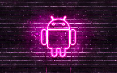 Android viola logo, 4k, viola brickwall, logo Android, marche, Android neon logo Android