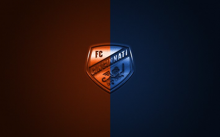FC Cincinnati, İLKAY, Amerikan Futbol Kul&#252;b&#252;, birinci Lig Futbol, turuncu, mavi logo, mavi karbon fiber arka plan, futbol, Cincinnati, Ohio, ABD, FC Cincinnati logo