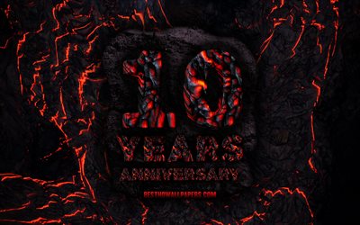 4k, 10 Years Anniversary, fire lava letters, 10th anniversary sign, 10th anniversary, grunge background, anniversary concepts