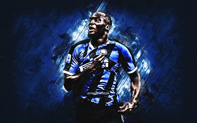 Romelu Lukaku, Internacional FC, Futebolista belga, retrato, a pedra azul de fundo, Inter de Mil&#227;o FC, Serie A, It&#225;lia, futebol, Lukaku Inter