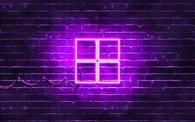 Microsoft violet logo, 4k, violet brickwall, Microsoft logo, brands, Microsoft neon logo, Microsoft