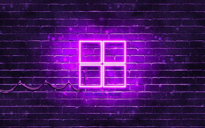Microsoft violet logo, 4k, violet brickwall, Microsoft logo, brands, Microsoft neon logo, Microsoft