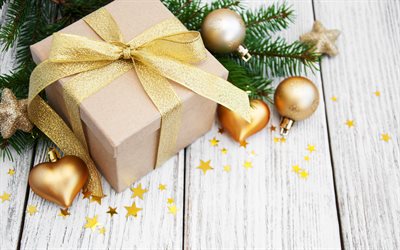 Joulun lahja, kultainen silkki keula, Hyv&#228;&#228; Uutta Vuotta, Joulun taustalla, Joulukoristeita, Joulu