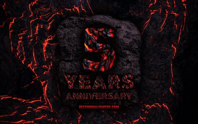 4k, 5 Years Anniversary, fire lava letters, 5th anniversary sign, 5th anniversary, grunge background, anniversary concepts