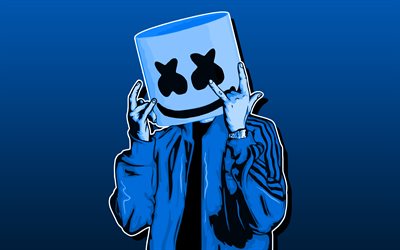 DJ Marshmello, 4k, fondo azul, american DJ, m&#237;nimo, Christopher Comstock, superestrellas, creativo, Marshmello, Marshmello minimalismo, Marshmello 4K, DJs