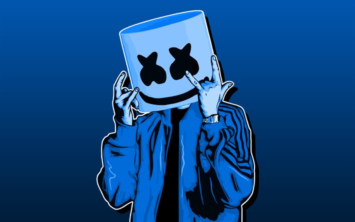 dj marshmello, 4k, blauer hintergrund, american dj, minimal, christopher comstock, superstars, kreative, marshmello, marshmello minimalismus, marshmello 4k, djs