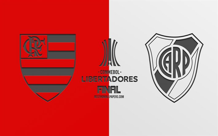 Flamengo vs River Plate, 2019 Copa Libertadores, finale, promotional materials, red-white background, Copa Libertadores logo, football match, Flamengo RJ, River Plate, South America