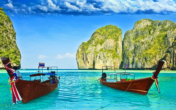 Tayland, HDR, deniz, tekneler, tropikal, g&#252;zel bir doğa, Asya