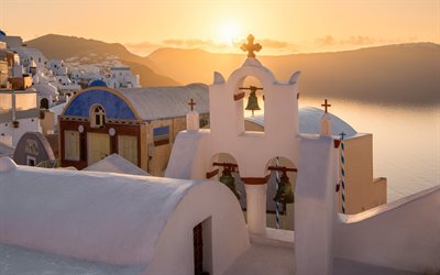 Santorini, Thira island, sunset, bell tower, merimaisema, valkoiset talot, kaunis saari, Kreikka