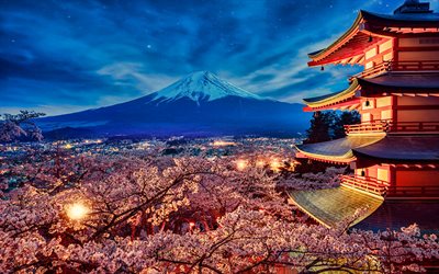 Mount Fuji, spring, nightscapes, mountains, stratovolcano, Fujisan, Fujiyama, Asia, japanese landmarks, Japan